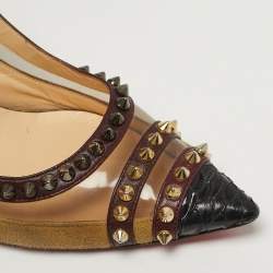 Pre Owned Christian Louboutin Studded Size 37.5 Multicolor PVC, Python Leather and Suede Slingback Pumps