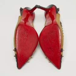 Pre Owned Christian Louboutin Studded Size 37.5 Multicolor PVC, Python Leather and Suede Slingback Pumps