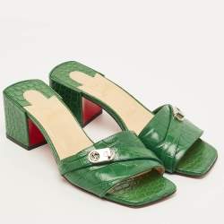 مملوكة مسبقًا Christian Louboutin Size 38 Green Croc Embossed Leather Lock Art Slide Sandals