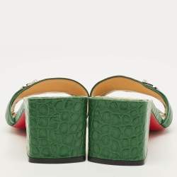 مملوكة مسبقًا Christian Louboutin Size 38 Green Croc Embossed Leather Lock Art Slide Sandals
