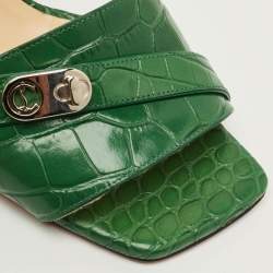 مملوكة مسبقًا Christian Louboutin Size 38 Green Croc Embossed Leather Lock Art Slide Sandals