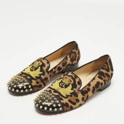 Pre Owned Christian Louboutin Size 39.5 Brown Calf Hair and Patent Leather Smoking Slippers