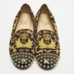 Pre Owned Christian Louboutin Size 39.5 Brown Calf Hair and Patent Leather Smoking Slippers