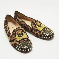 Pre Owned Christian Louboutin Size 39.5 Brown Calf Hair and Patent Leather Smoking Slippers