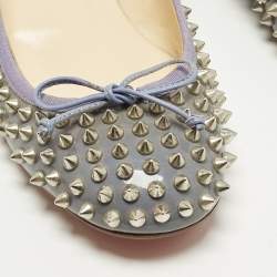 مملوكة مسبقًا حذاء باليرينا فلات كريستيان لوبوتان جاين سبايك جلد لامع رمادي مقاس 41