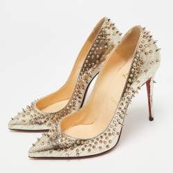 Pre Owned حذاء كعب عالي كريستيان لوبوتان إسكاربيك سبايك جلد ميتاليك ذهبي بمقدمة مدببة مقاس 37.5