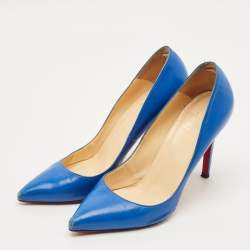 مملوكة مسبقًا حذاء كعب عالي كريستيان لوبوتان سو كايت جلد أزرق بمقدمة مدببة مقاس 40.5