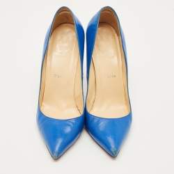 مملوكة مسبقًا حذاء كعب عالي كريست يان لوبوتان سو كايت جلد أزرق بمقدمة مدببة مقاس 40.5