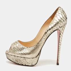 Pre Owned Christian Louboutin Lady Peep Size 41 Silver Python Leather Peep Toe Pumps
