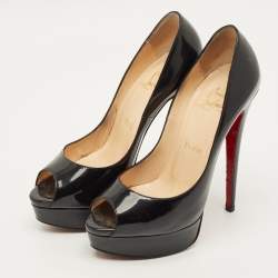 Pre Owned Christian Louboutin Lady Peep Size 37 Black Patent Leather Platform Pumps