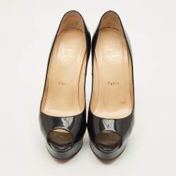 Pre Owned Christian Louboutin Lady Peep Size 37 Black Patent Leather Platform Pumps