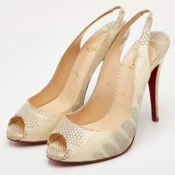 مملوكة مسبقًا حذاء كعب عالي كريستيان لوبوتان برايفت نامبر جلد ثعبان كريم/رمادي بمقدمة مفتوحة وحزام للكاحل مقاس 40