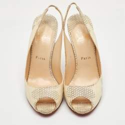 مملوكة مسبقًا حذاء كعب عالي كريستيان لوبوتان برايفت نامبر جلد ثعبان كريم/رمادي بمقدمة مفتوحة وحزام للكاحل مقاس 40