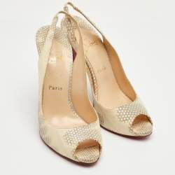 مملوكة مسبقًا حذاء كعب عالي كريستيان لوبوتان برايفت نامبر جلد ثعبان كريم/رمادي بمقدمة مفتوحة وحزام للكاحل مقاس 40