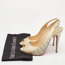 مملوكة مسبقًا حذاء كعب عالي كريستيان لوبوتان برايفت نامبر جلد ثعبان كريم/رمادي بمقدمة مفتوحة وحزام للكاحل مقاس 40