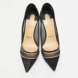 Pre Owned Christian Louboutin Galativi Strass Size 37.5 Black Crystal Embellished Mesh and Suede Pumps