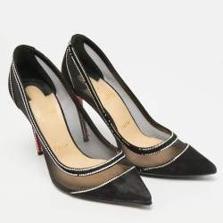 Pre Owned Christian Louboutin Galativi Strass Size 37.5 Black Crystal Embellished Mesh and Suede Pumps