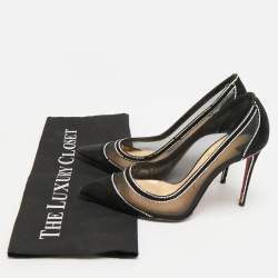Pre Owned Christian Louboutin Galativi Strass Size 37.5 Black Crystal Embellished Mesh and Suede Pumps
