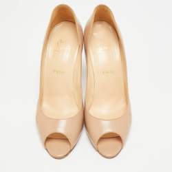 Pre Owned حذاء كعب عالي كريستيان لوبوتان فيري جلد لامع بيج مقدمة مفتوحة مقاس 37