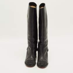 Pre Owned Christian Louboutin Egoutina Size 39.5 Black Leather Knee Length Boots