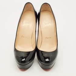 مملوكة مسبقًا حذاء كعب عالي كريستيان لوبوتان بيانكا جلد لامع أسود نعل سميك مقاس 36