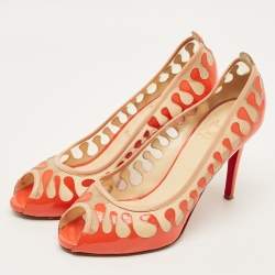 مملوكة مسبقًا Christian Louboutin Size 41 Orange/Beige Mesh and Patent Leather Peep Toe Pumps
