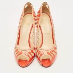 مملوكة مسبقًا Christian Louboutin Size 41 Orange/Beige Mesh and Patent Leather Peep Toe Pumps