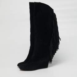 مملوكة مسبقًا Christian Louboutin Size 37 Black Suede Fringe Knee Length Boots