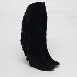 مملوكة مسبقًا Christian Louboutin Size 37 Black Suede Fringe Knee Length Boots