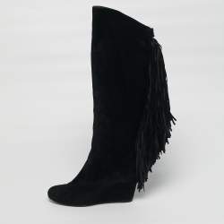 مملوكة مسبقًا Christian Louboutin Size 37 Black Suede Fringe Knee Length Boots