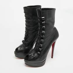 مملوكة مسبقًا Christian Louboutin Alta Bouton Size 37.5 Black Leather Ankle Length Boots