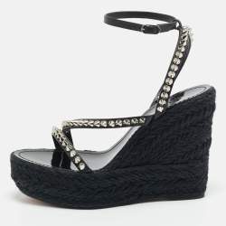 Pre Owned Christian Louboutin Mafaldina Size 39 Black Leather Spike Espadrille Wedge Sandals