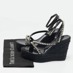 Pre Owned Christian Louboutin Mafaldina Size 39 Black Leather Spike Espadrille Wedge Sandals