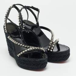 Pre Owned Christian Louboutin Mafaldina Size 39 Black Leather Spike Espadrille Wedge Sandals