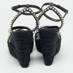 Pre Owned Christian Louboutin Mafaldina Size 39 Black Leather Spike Espadrille Wedge Sandals