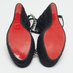 Pre Owned Christian Louboutin Mafaldina Size 39 Black Leather Spike Espadrille Wedge Sandals