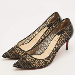 Pre Owned Christian Louboutin Saramor Size 38 Black Lace and Leather Pumps