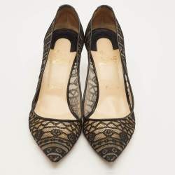 Pre Owned Christian Louboutin Saramor Size 38 Black Lace and Leather Pumps