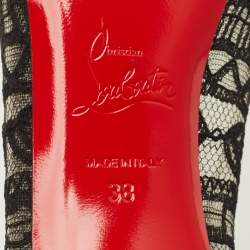 Pre Owned Christian Louboutin Saramor Size 38 Black Lace and Leather Pumps
