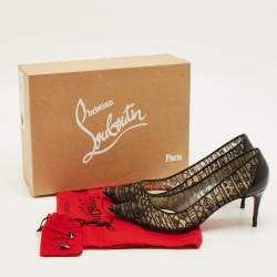 Pre Owned Christian Louboutin Saramor Size 38 Black Lace and Leather Pumps