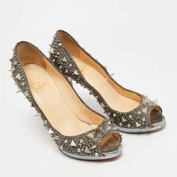 Pre Owned Christian Louboutin Size 38.5 Silver Glitter Peep Toe Pumps