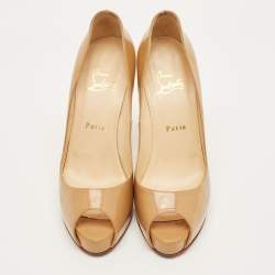 Pre Owned حذاء كعب عالي كريستيان لوبوتان جلد بيج لامع مقدم مفتوحة مقاس 39