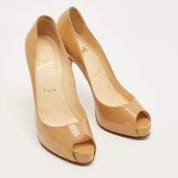 Pre Owned حذاء كعب عالي كريستيان لوبوتان جلد بيج لامع مقدم مفتوحة مقاس 39