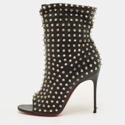 Pre Owned Christian Louboutin Guerilla Size 38 Black Leather Spike Open Toe Slouchy Ankle Length Boots