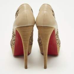Pre Owned Christian Louboutin Pampas Size 39 Beige Leather Cut-out Platform Pumps