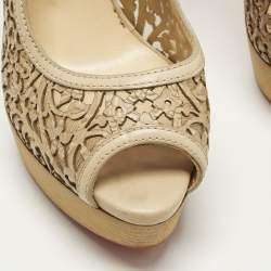Pre Owned Christian Louboutin Pampas Size 39 Beige Leather Cut-out Platform Pumps