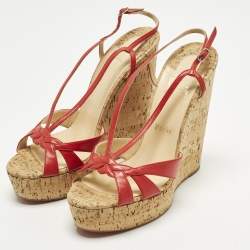 Pre Owned Christian Louboutin Size 40 Red Leather Strappy Cork Wedge Sandals