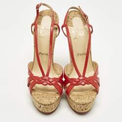 Pre Owned Christian Louboutin Size 40 Red Leather Strappy Cork Wedge Sandals