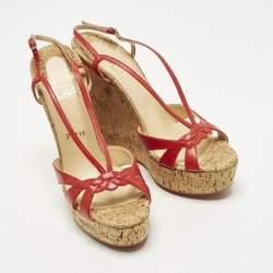 Pre Owned Christian Louboutin Size 40 Red Leather Strappy Cork Wedge Sandals