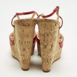 Pre Owned Christian Louboutin Size 40 Red Leather Strappy Cork Wedge Sandals